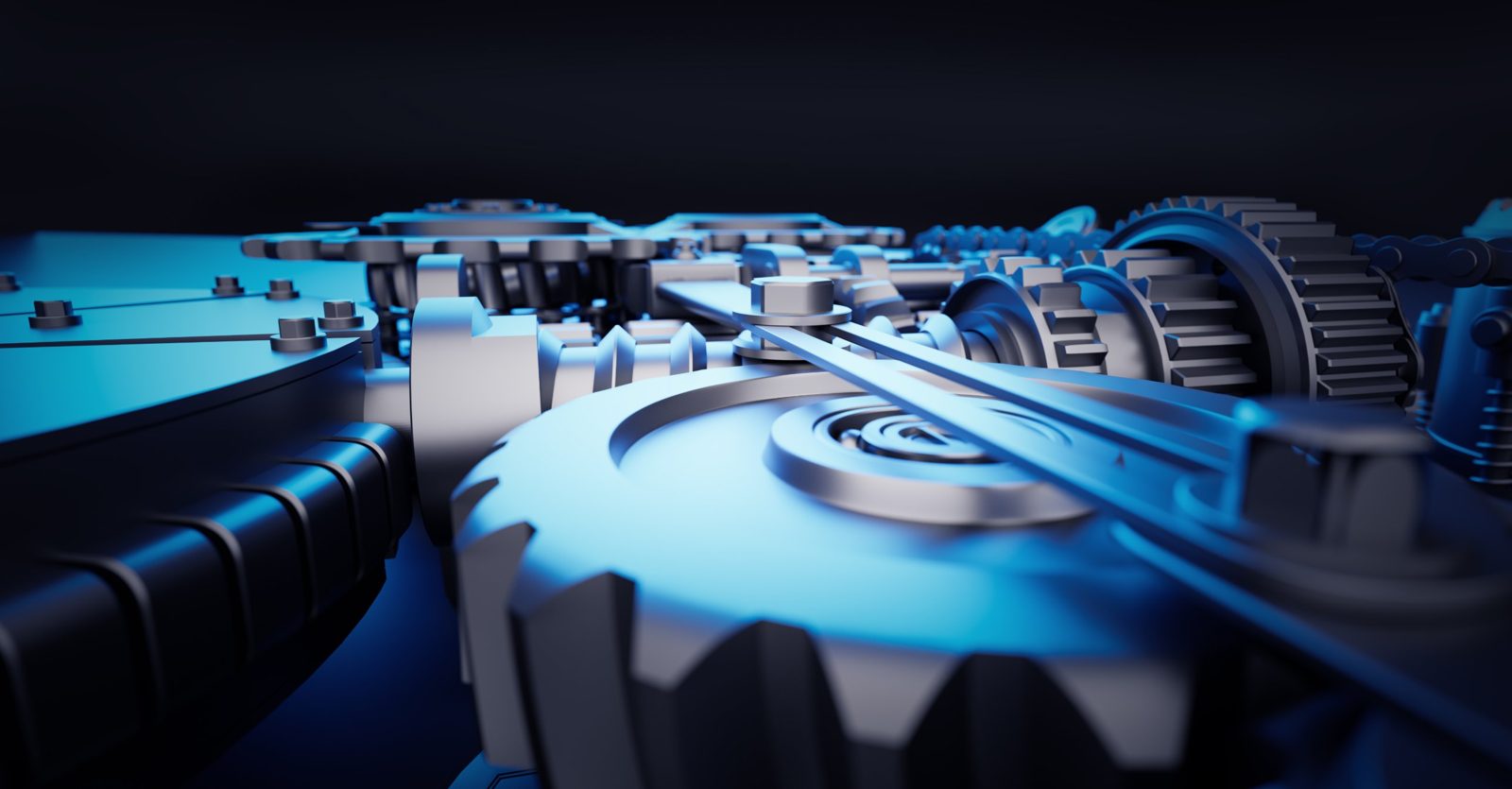 3D-Animation NRW: gerendertes Getriebe mit Zahnrädern und Kette in blauem Licht