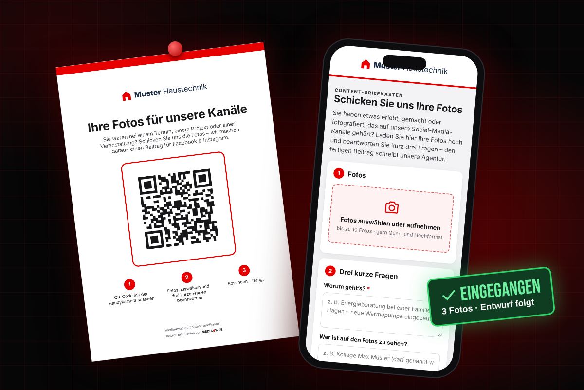 Aushang mit QR-Code und Smartphone mit der Upload-Seite des Content-Briefkastens