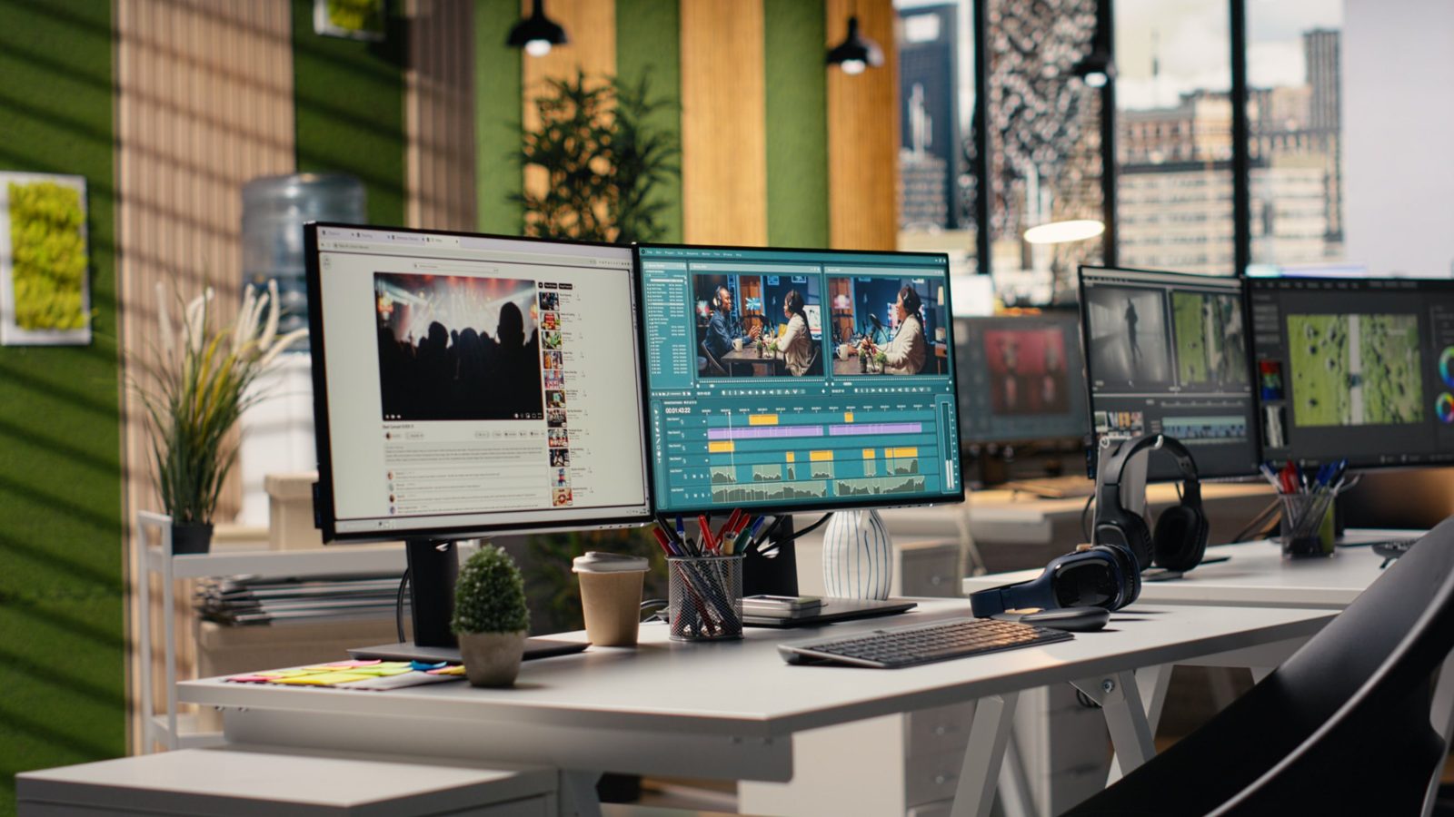 Postproduktion NRW: Schnittplatz mit zwei Monitoren, Videoschnitt-Software und Kopfhörern